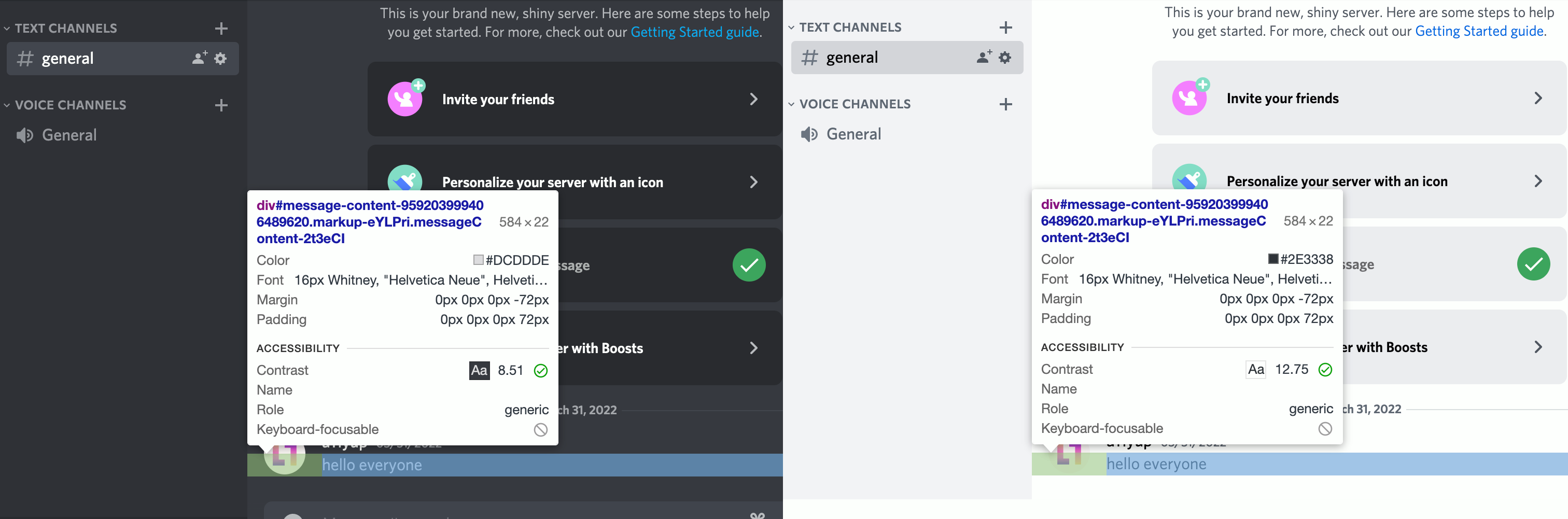 Standard chat text has a pretty high contrast ratio of 8.51:1 in dark mode and an even higher contrast ratio of 12.75:1 in light mode.